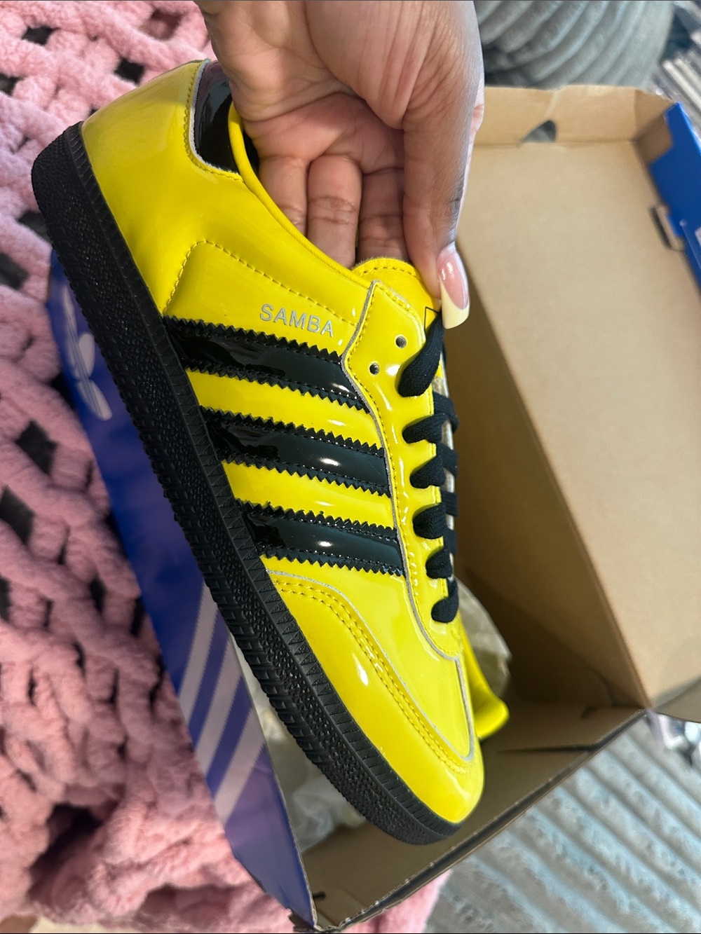 adidas Samba Yellow Patent Leather Sneakers with Black Stripes